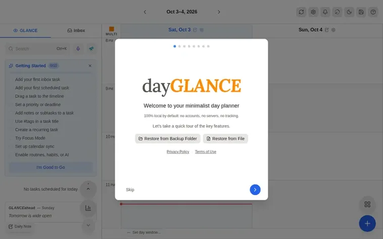 Screenshot of the dayGLANCE homepage