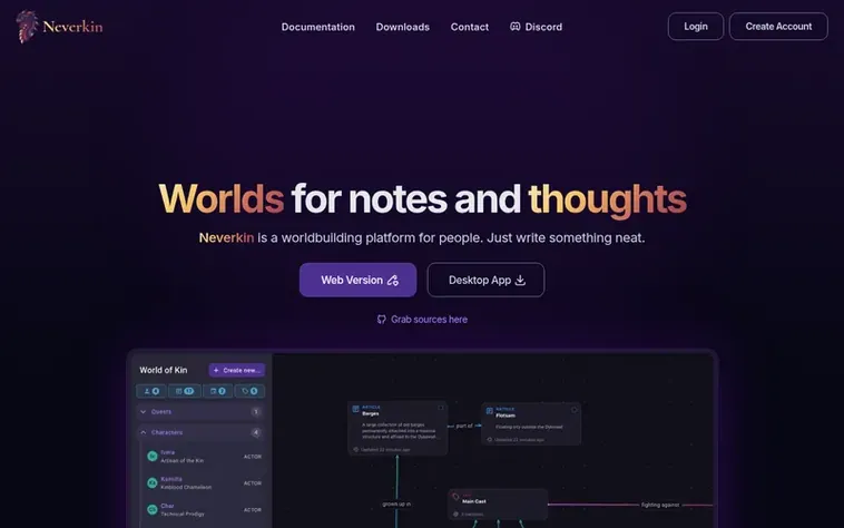 Screenshot of the Neverkin homepage
