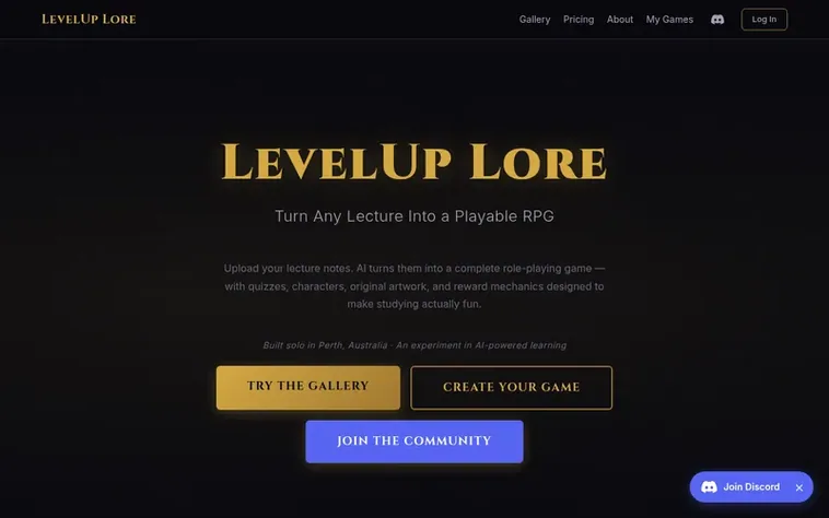 Screenshot of the LevelUp Lore homepage