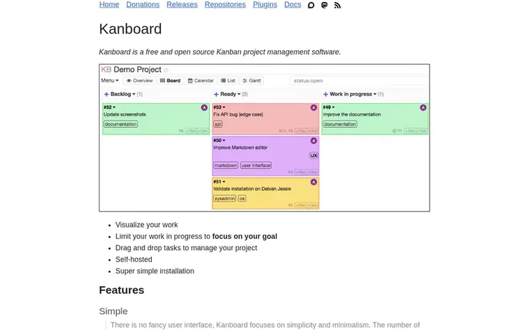 Screenshot of the Kanboard homepage