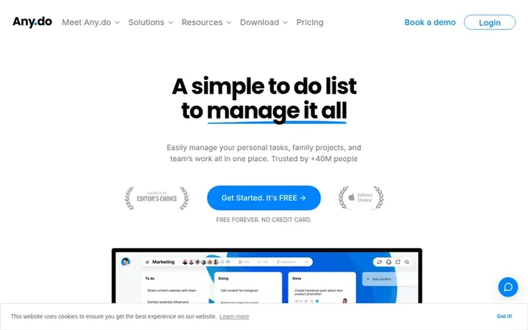 Screenshot of the Any.do homepage