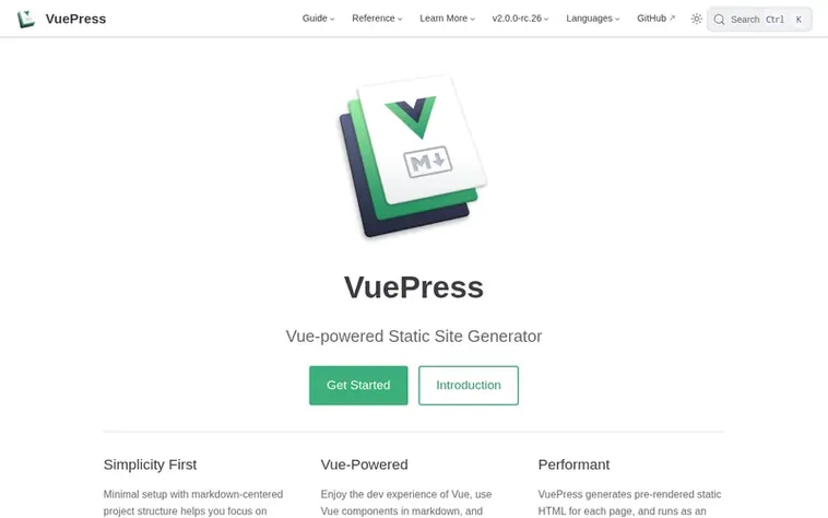 Screenshot of the VuePress homepage