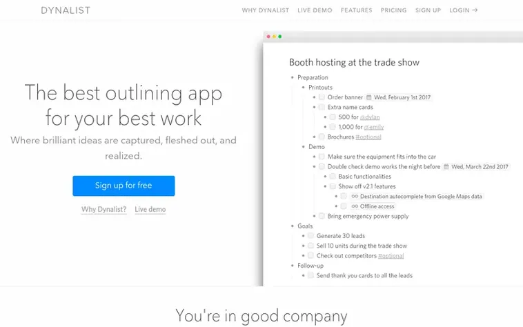 Screenshot of the Dynalist homepage