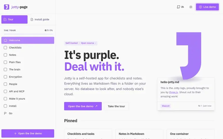 Screenshot of the jotty·page homepage