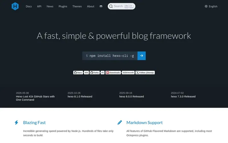 Screenshot of the Hexo homepage