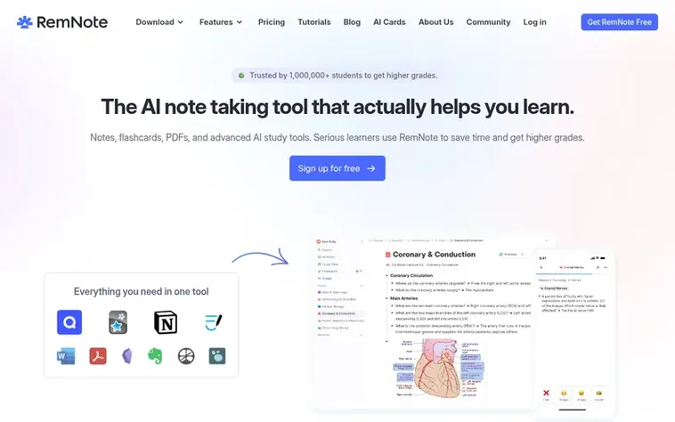 Screenshot of the RemNote homepage