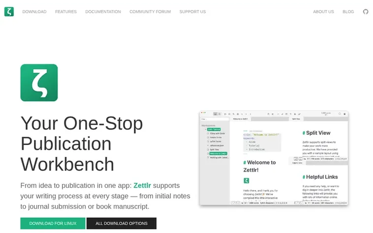 Screenshot of the Zettlr homepage