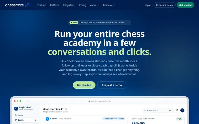Screenshot of the ChessCore homepage