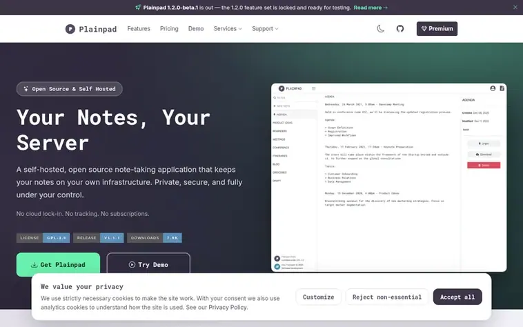 Screenshot of the Plainpad homepage