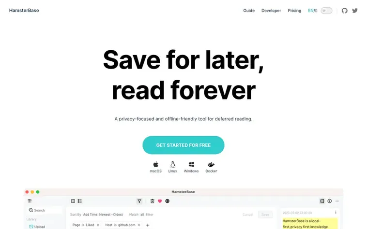 Screenshot of the HamsterBase homepage