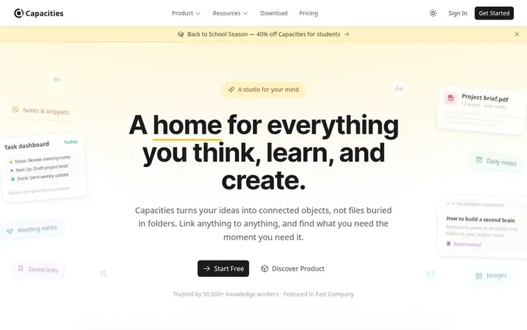 Screenshot of the Capacities homepage